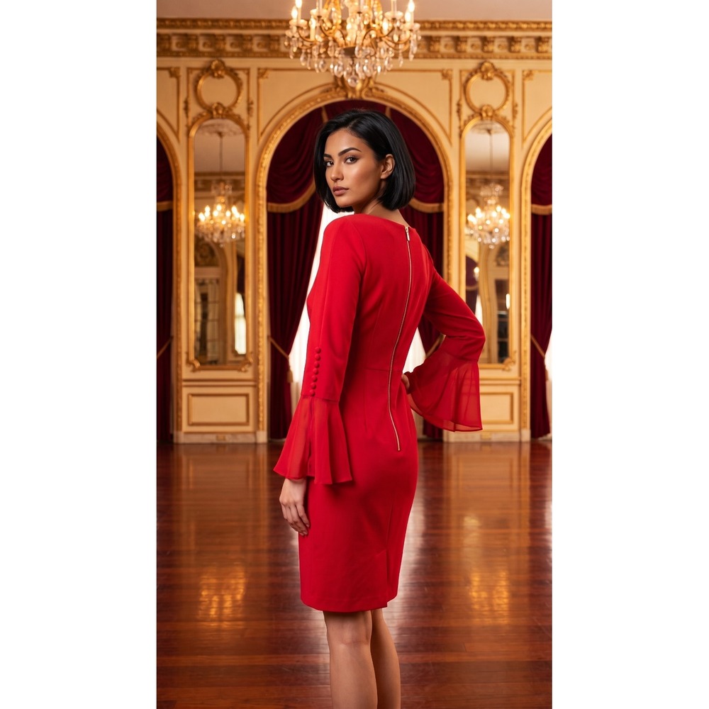 NWT Calvin Klein Sheath Dress Size 14 Red Bell Sleeve Zipper Back Event Holiday
